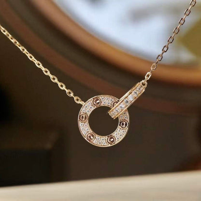 [Rose Jewelrys]LOVE 7.6MM NECKLACE ROSE GOLD AND SILVER  FULL DIAMOND