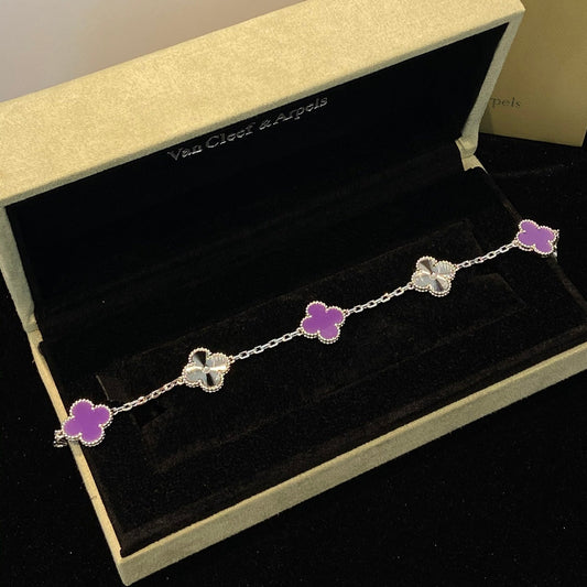 []CLOVER  5 MOTIFS  PURPLE VIOLET BRACELET SILVER