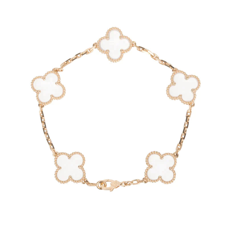 [🌹Rose💎]CLOVER 5 MOTIF ROCK CRYSTAL PINK GOLD BRACELET