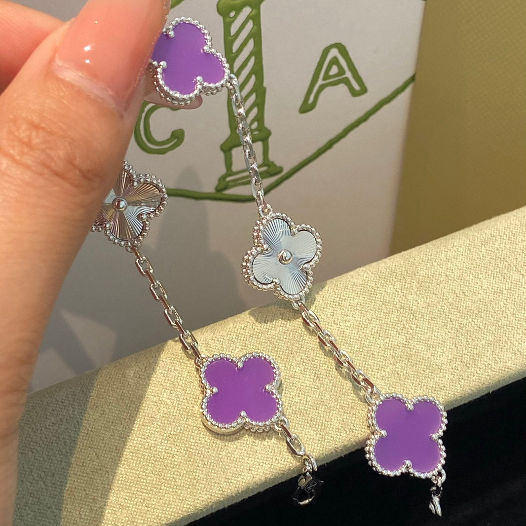 [🌹Rose💎]CLOVER  5 MOTIFS  PURPLE VIOLET BRACELET SILVER