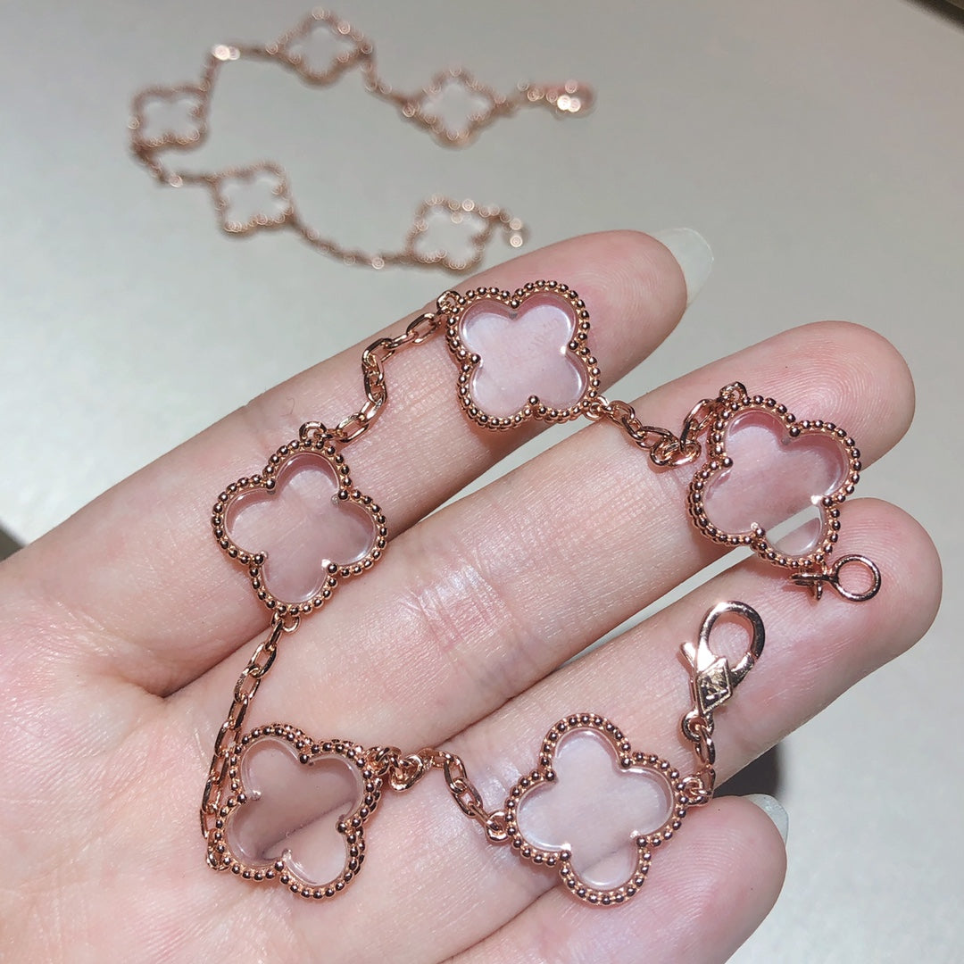 [Rose Jewelrys]CLOVER 5 MOTIF ROCK CRYSTAL PINK GOLD BRACELET