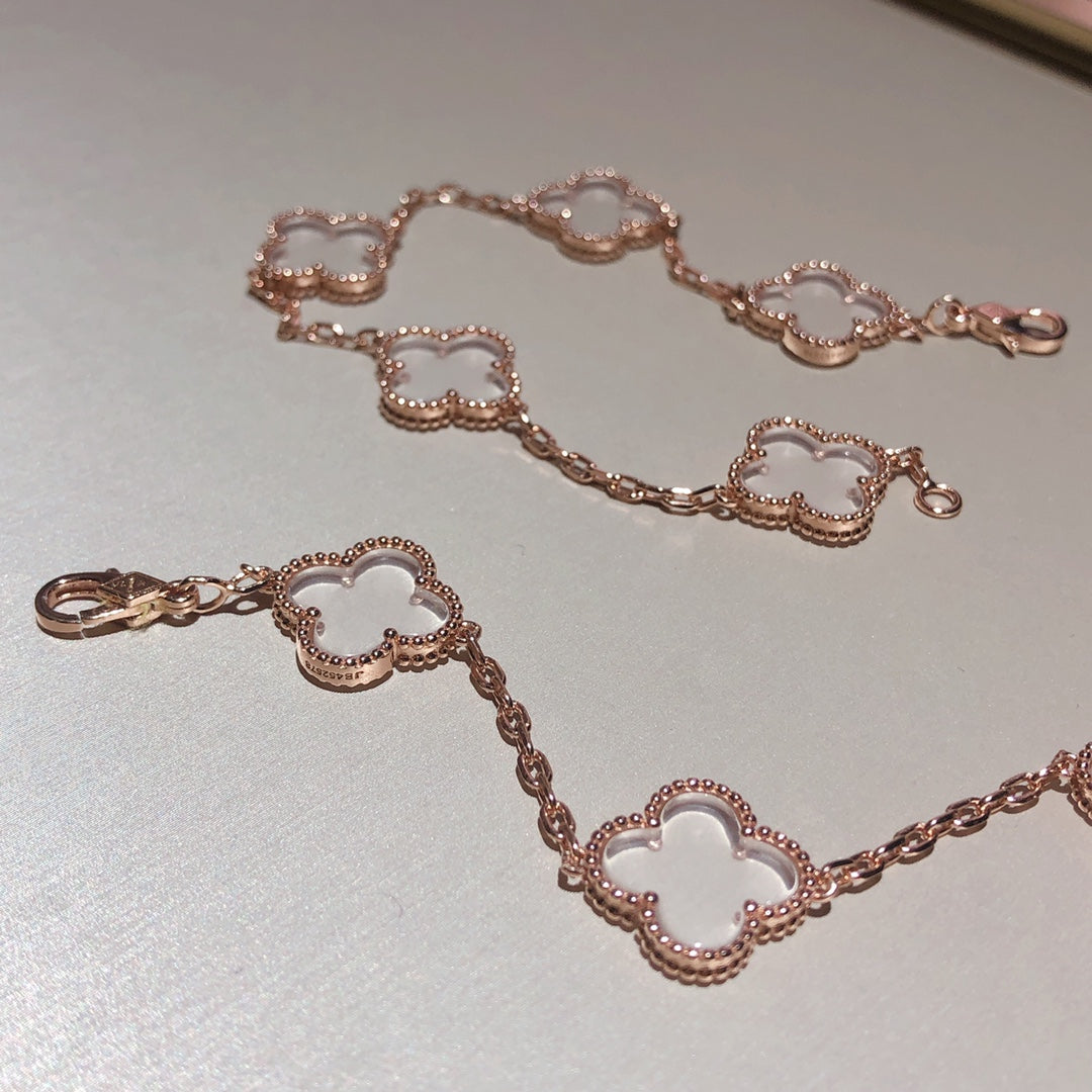 [Rose Jewelrys]CLOVER 5 MOTIF ROCK CRYSTAL PINK GOLD BRACELET