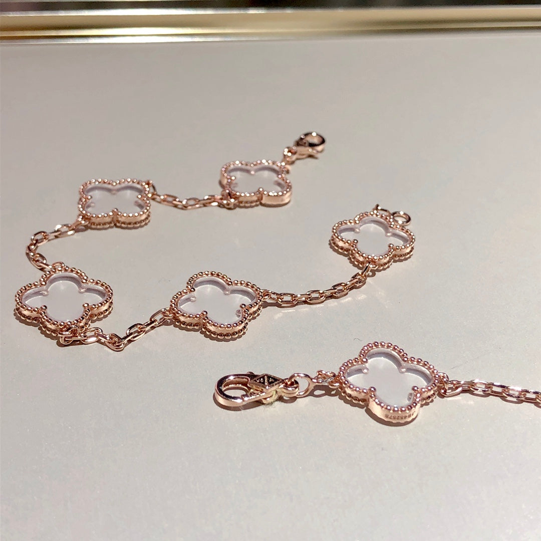 [Rose Jewelrys]CLOVER 5 MOTIF ROCK CRYSTAL PINK GOLD BRACELET