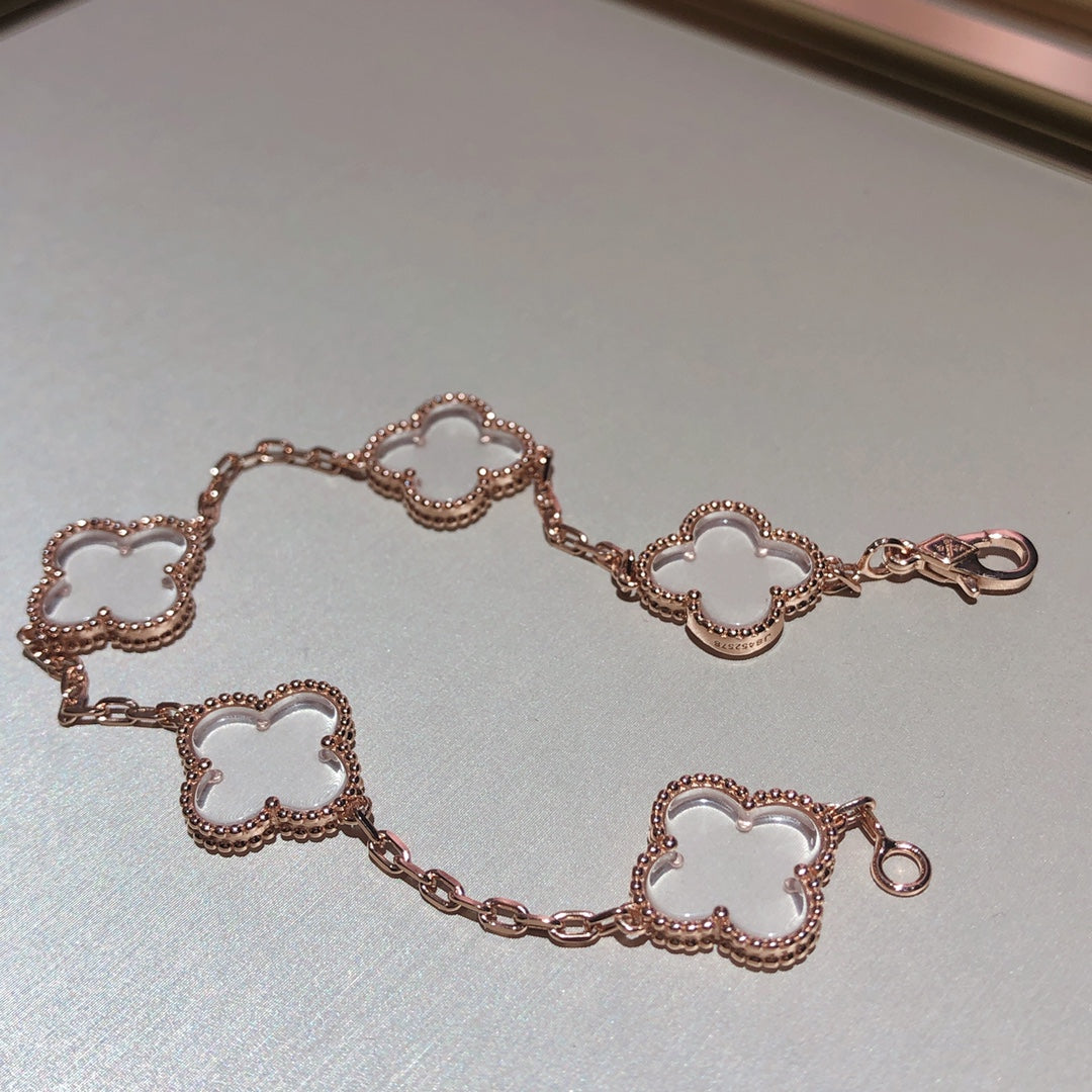[Rose Jewelrys]CLOVER 5 MOTIF ROCK CRYSTAL PINK GOLD BRACELET
