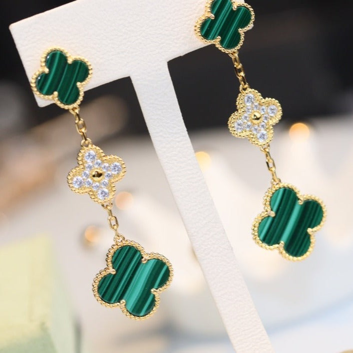 [🌹Rose💎]CLOVER EARRINGS GOLD MALACHITE DIAMOND 3 MOTIF