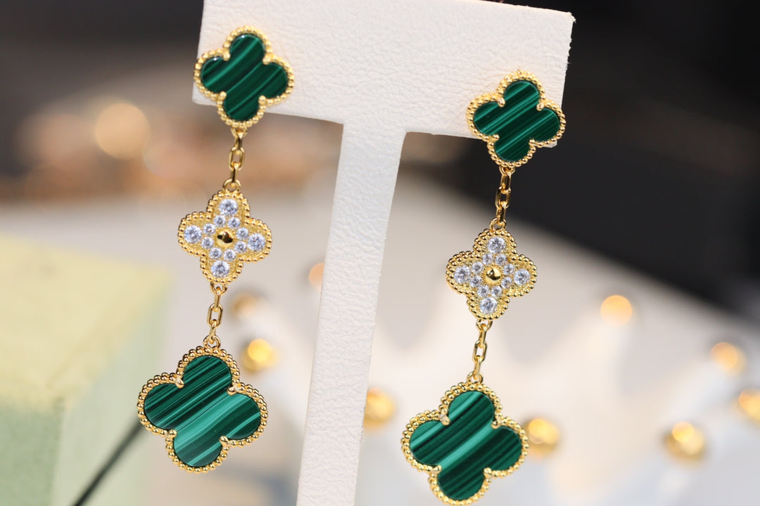 [Rose Jewelrys]CLOVER EARRINGS GOLD MALACHITE DIAMOND 3 MOTIF