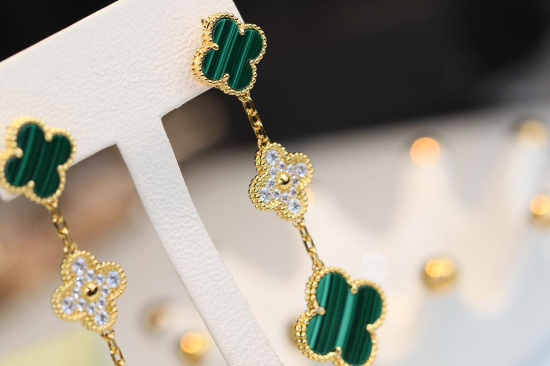 [Rose Jewelrys]CLOVER EARRINGS GOLD MALACHITE DIAMOND 3 MOTIF
