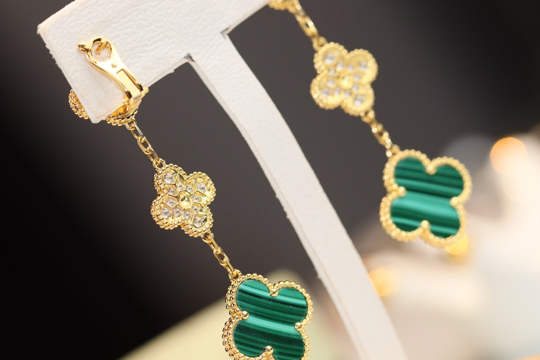 [Rose Jewelrys]CLOVER EARRINGS GOLD MALACHITE DIAMOND 3 MOTIF