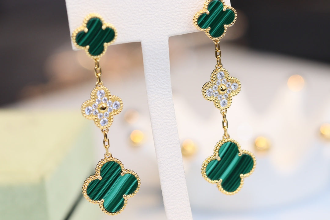[Rose Jewelrys]CLOVER EARRINGS GOLD MALACHITE DIAMOND 3 MOTIF