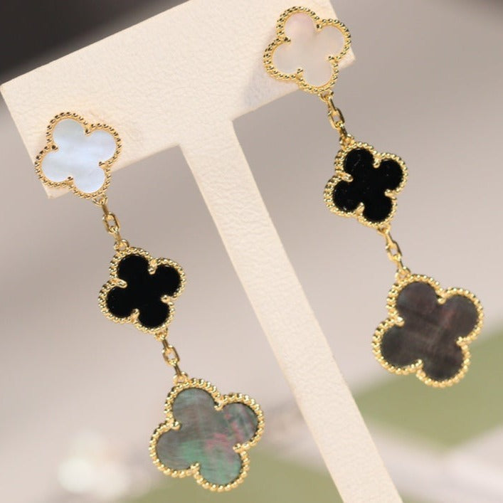 [🌹Rose💎]CLOVER EARRINGS GOLD ONYX MOP 3 MOTIF