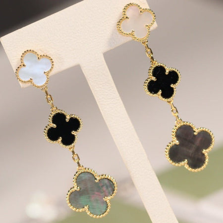 [🌹Rose💎]CLOVER EARRINGS GOLD ONYX MOP 3 MOTIF