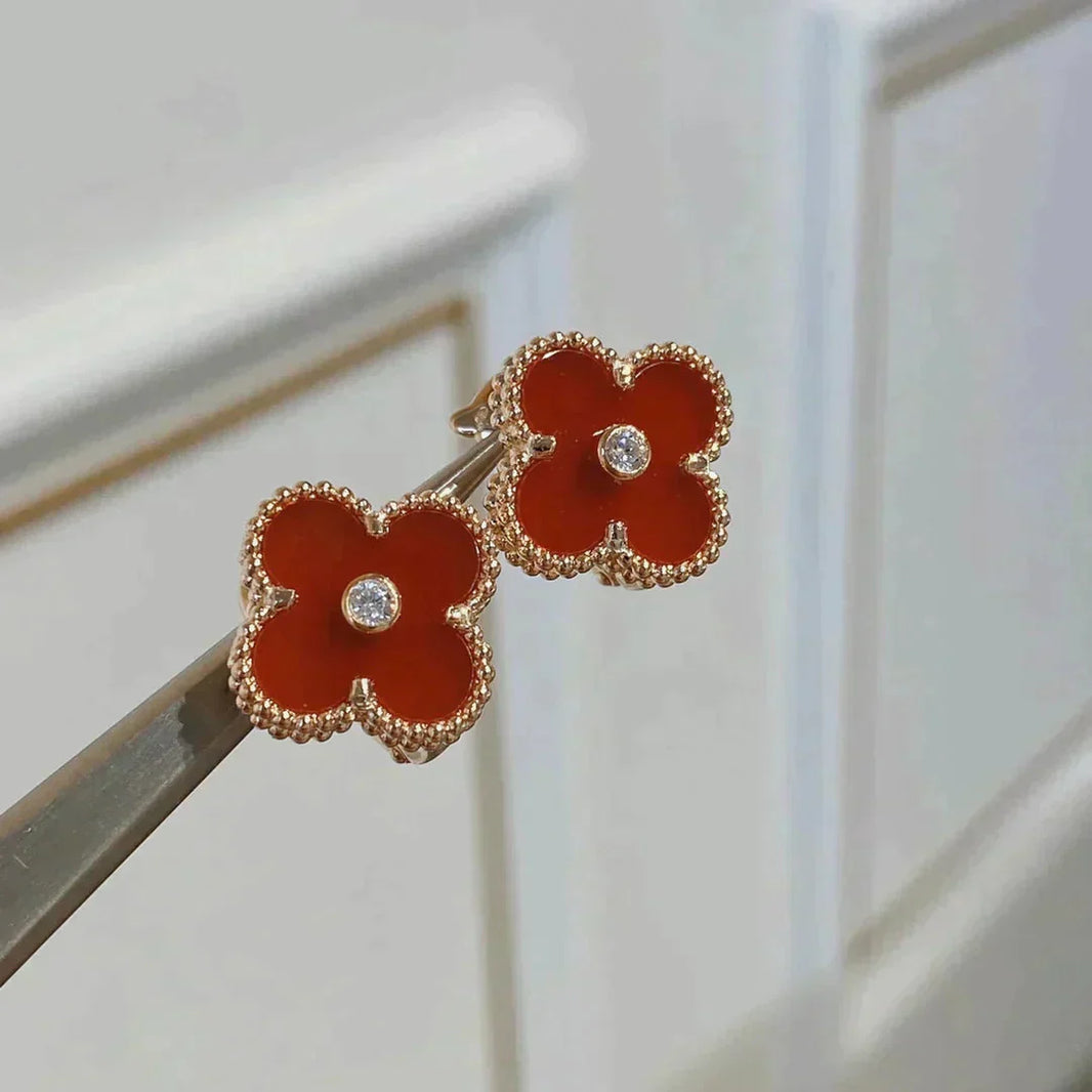 [🌹Rose💎]CLOVER MEDIUM 1 MOTIFS CARNELIAN  DIAMOND earrings