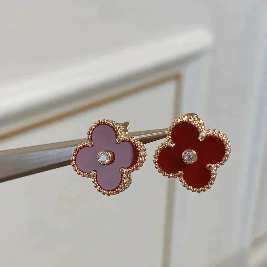 [🌹Rose💎]CLOVER MEDIUM 1 MOTIFS CARNELIAN  DIAMOND earrings