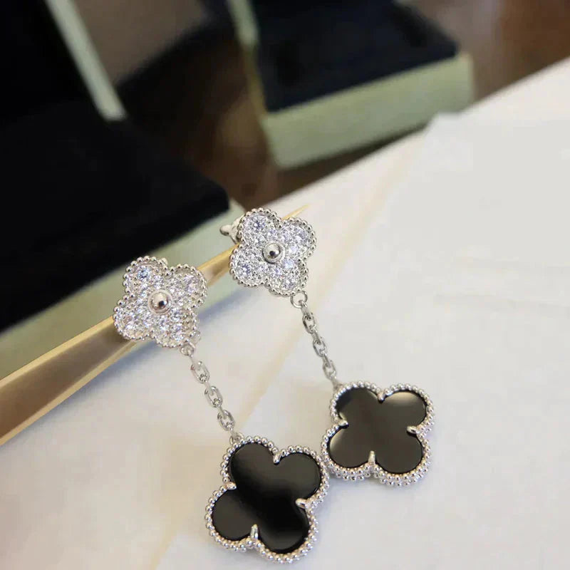 [Rose Jewelrys]CLOVER 2 MOTIFS  DIAMOND ONYX EARRINGS SILVER