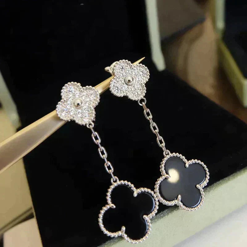 [Rose Jewelrys]CLOVER 2 MOTIFS  DIAMOND ONYX EARRINGS SILVER