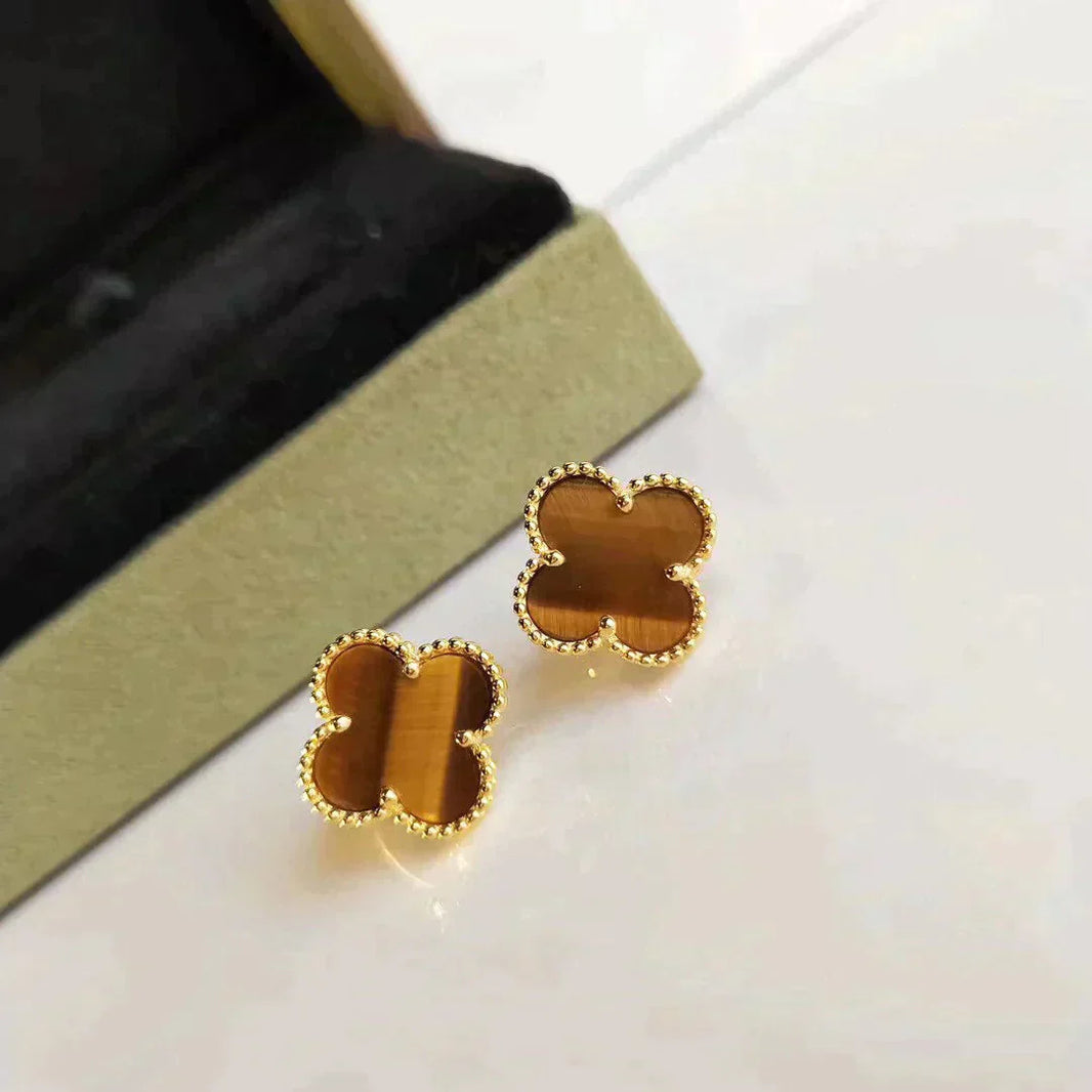 [🌹Rose💎]CLOVER MEDIUM 1 MOTIFS TIGER EYE EARRINGS