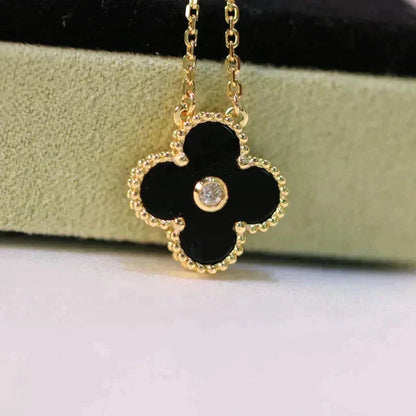 [Rose Jewelrys]CLOVER 15MM DIAMOND ONYX NECKLACE