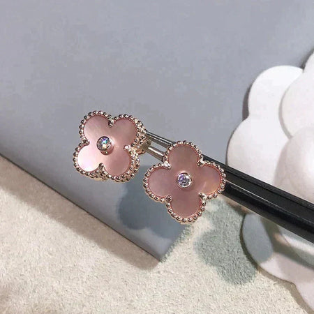 [🌹Rose💎]CLOVER MEDIUM 1 MOTIFS  PINK MOP DIAMOND EARRINGS