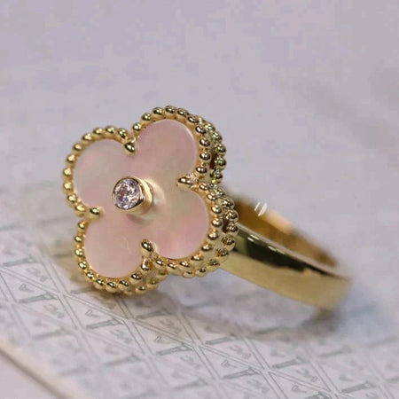 [🌹Rose💎]CLOVER PINK MOP RING GOLD DIAMOND