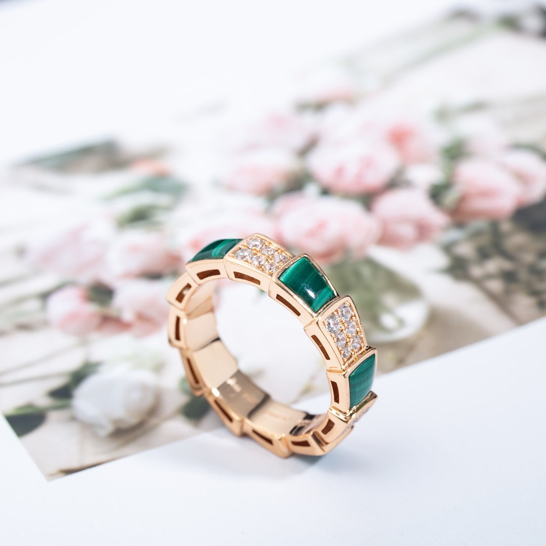 [Rose Jewelrys]SERPENTI RING PINK GOLD MALACHITE DIAMOND PAVED 4MM