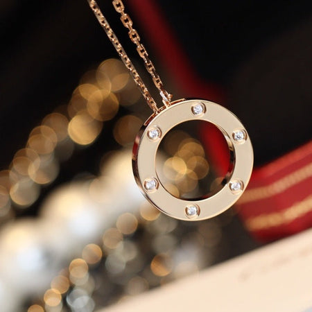 [🌹Rose💎]LOVE NECKLACE 16MM 6 DIAMONDS PINK GOLD