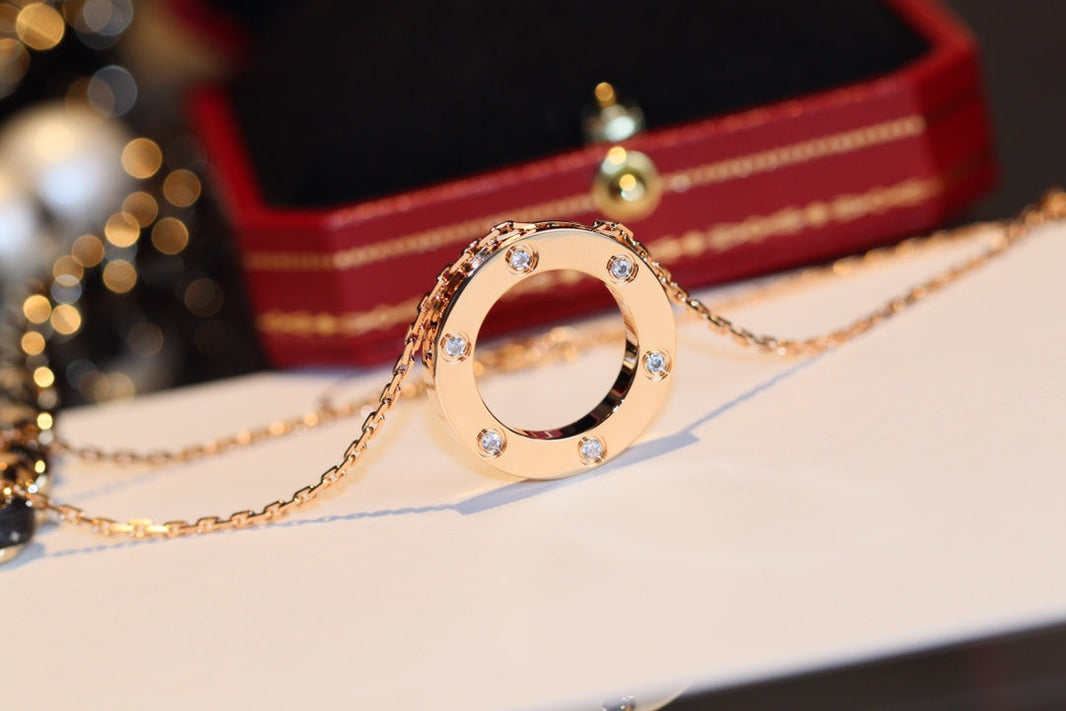 [🌹Rose💎]LOVE NECKLACE 16MM 6 DIAMONDS PINK GOLD