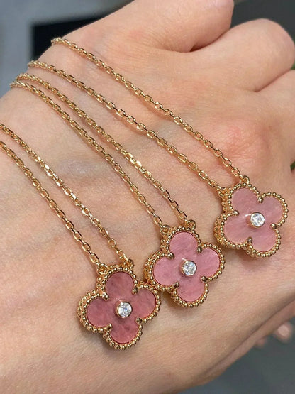 [Rose Jewelrys]CLOVER 15MM DIAMOND RHODONITE NECKLACE