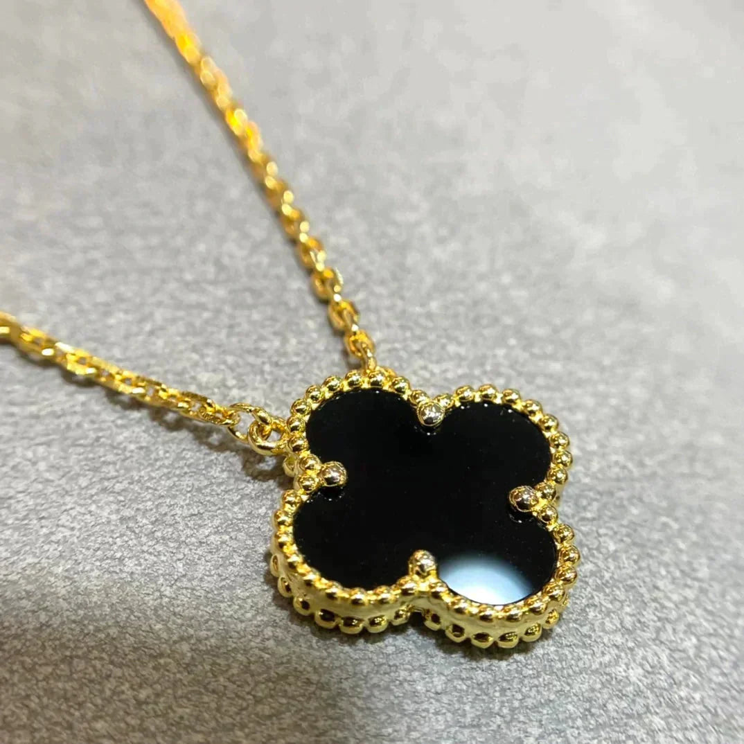 [Rose Jewelrys]CLOVER 15MM BLACK ONYX SINGLE FLOWER NECKLACE