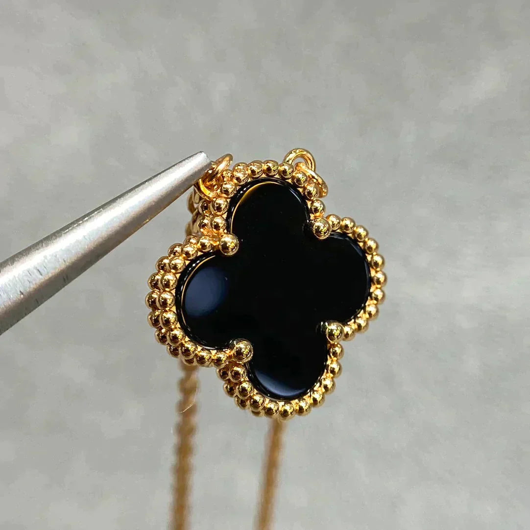 [Rose Jewelrys]CLOVER 15MM BLACK ONYX SINGLE FLOWER NECKLACE