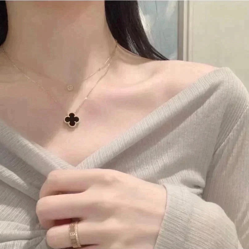 [Rose Jewelrys]CLOVER 15MM BLACK ONYX SINGLE FLOWER NECKLACE