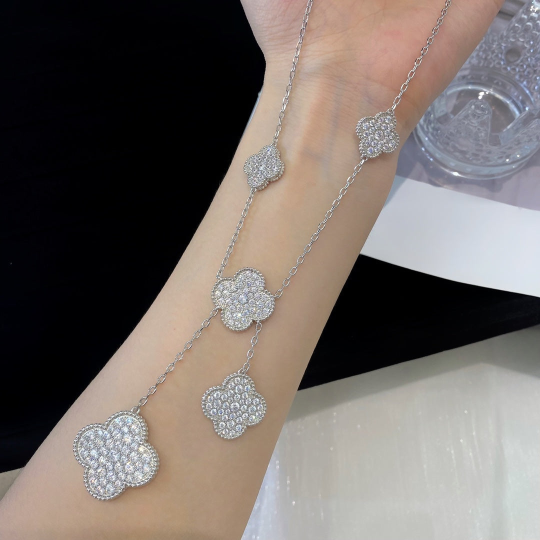 [Rose Jewelrys]CLOVER 5 MOTIFS SILVER DIAMONDS NECKLACE