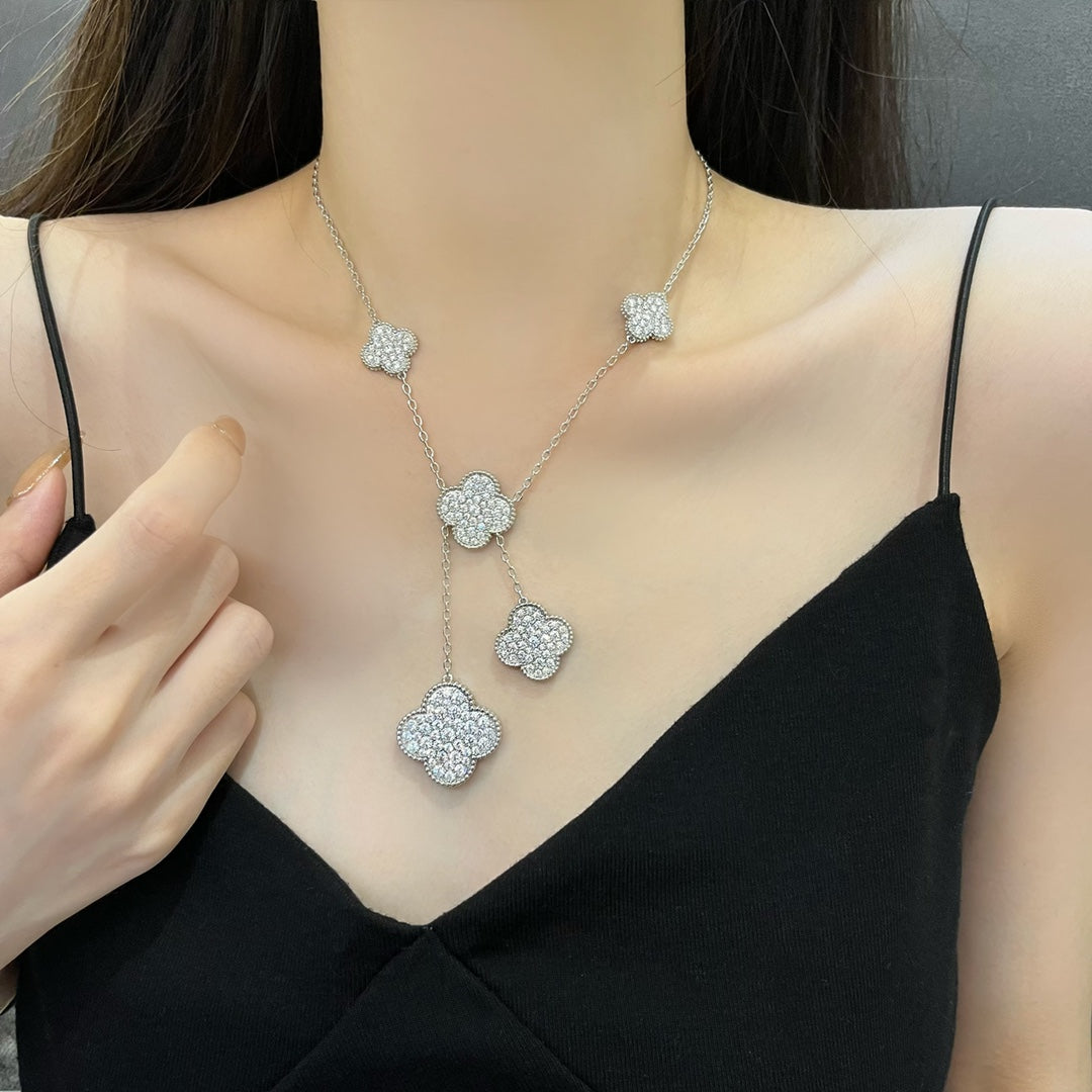 [Rose Jewelrys]CLOVER 5 MOTIFS SILVER DIAMONDS NECKLACE