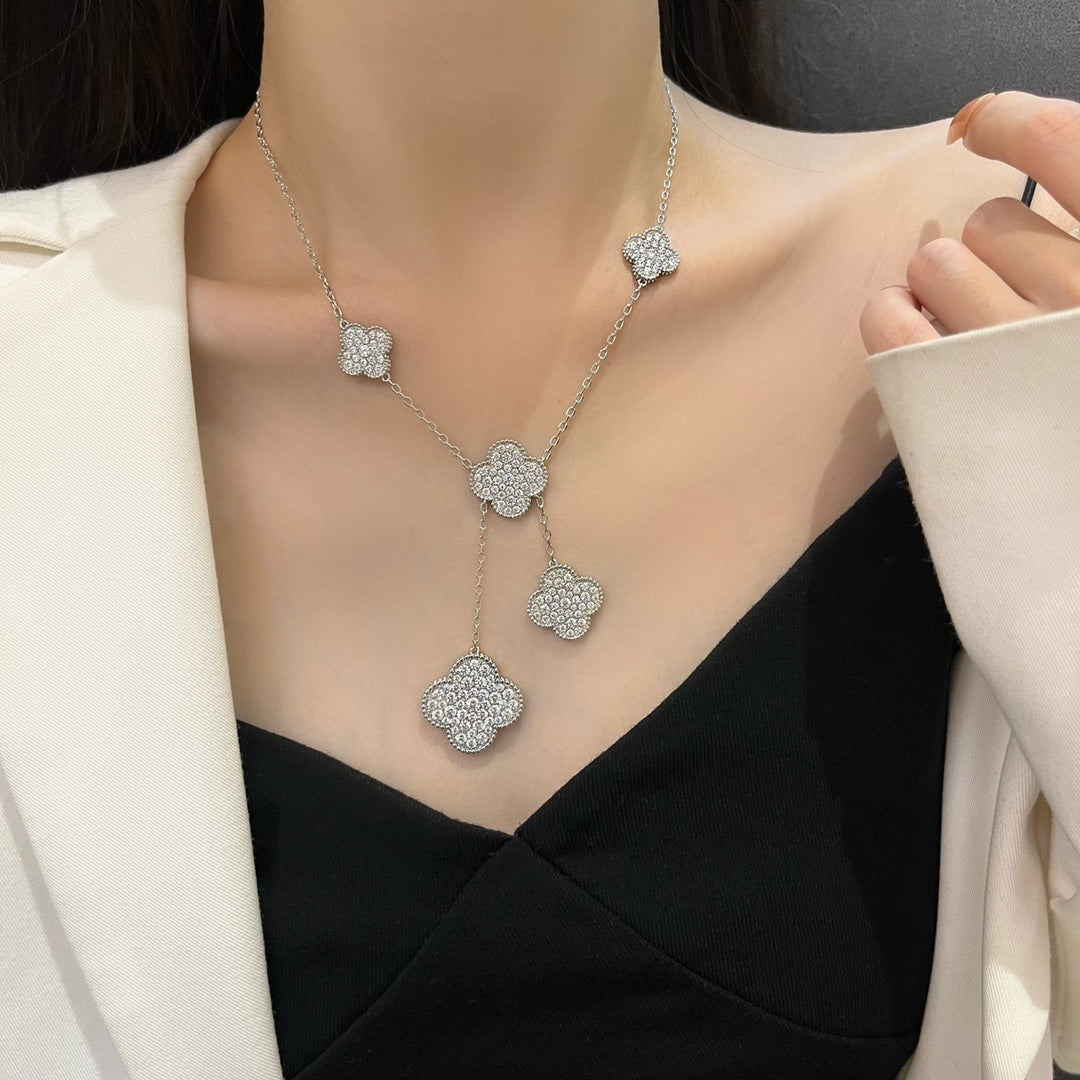 [Rose Jewelrys]CLOVER 5 MOTIFS SILVER DIAMONDS NECKLACE