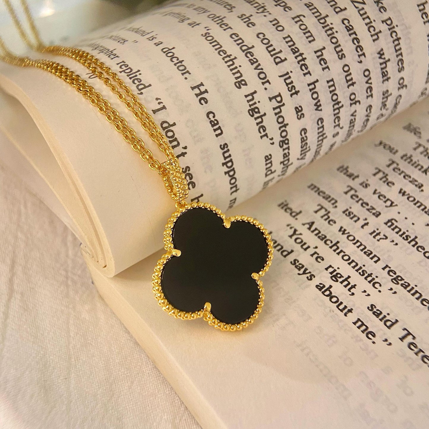 [Rose Jewelrys]CLOVER 25MM NECKLACE GOLD ONYX