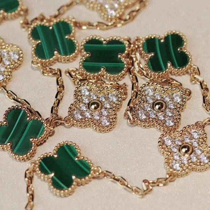 [🌹Rose💎]CLOVER 20 MOTIFS MALACHITE DIAMOND NECKLACE