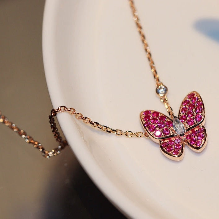 [🌹Rose💎]BUTTERFLY RED DIAMOND ROSE GOLD NECKLACE