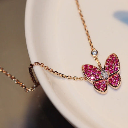[🌹Rose💎]BUTTERFLY RED DIAMOND ROSE GOLD NECKLACE