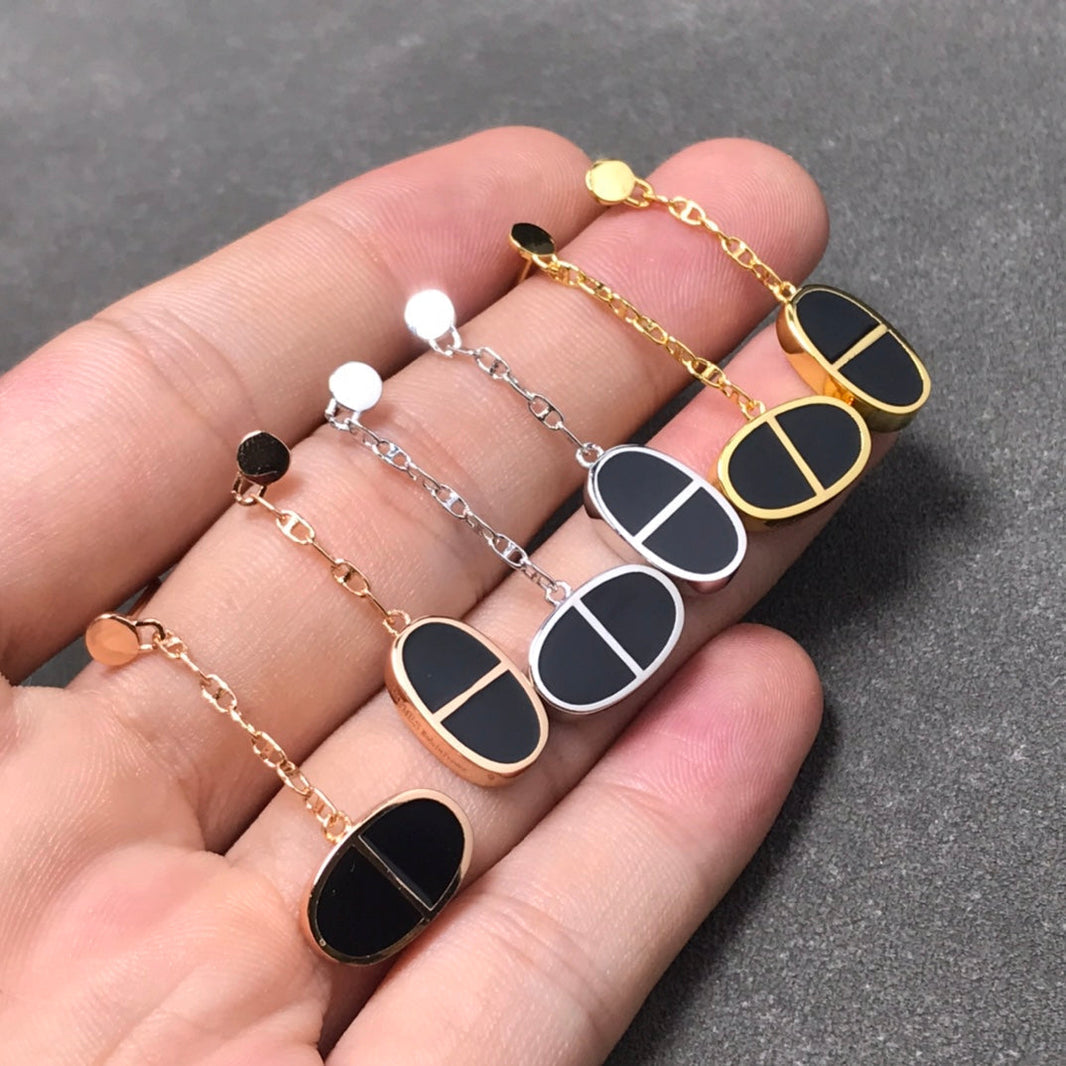 [🌹Rose💎]CHAINE VERSO BLACK CERAMIC SILVER EARRINGS