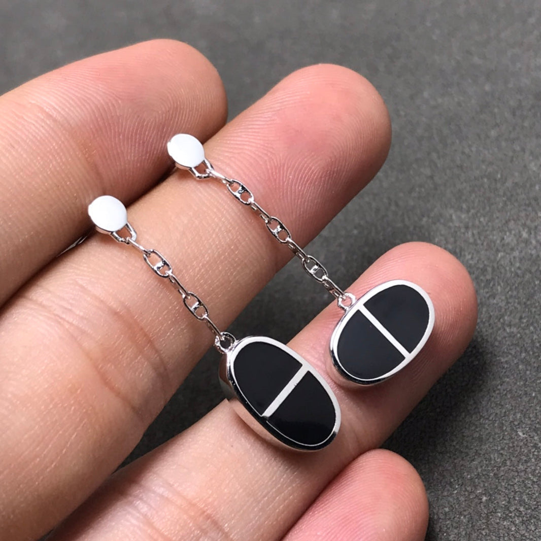 [🌹Rose💎]CHAINE VERSO BLACK CERAMIC SILVER EARRINGS