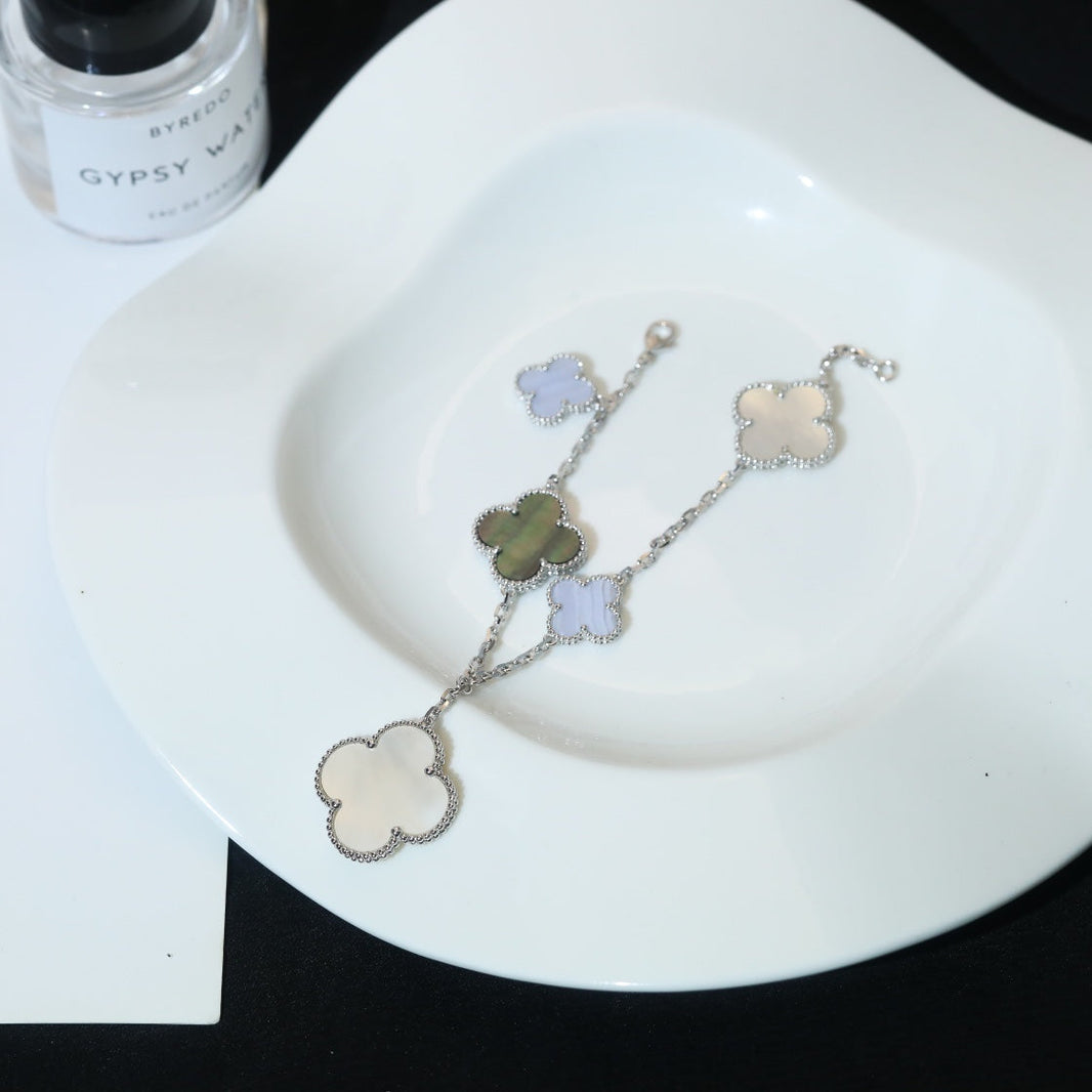[🌹Rose💎]CLOVER BRACELET 5 MOTIFS MOP CHALCEDONY SILVER