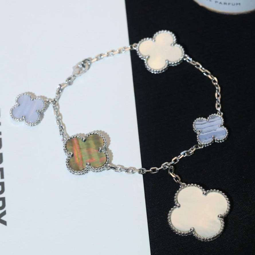 [🌹Rose💎]CLOVER BRACELET 5 MOTIFS MOP CHALCEDONY SILVER
