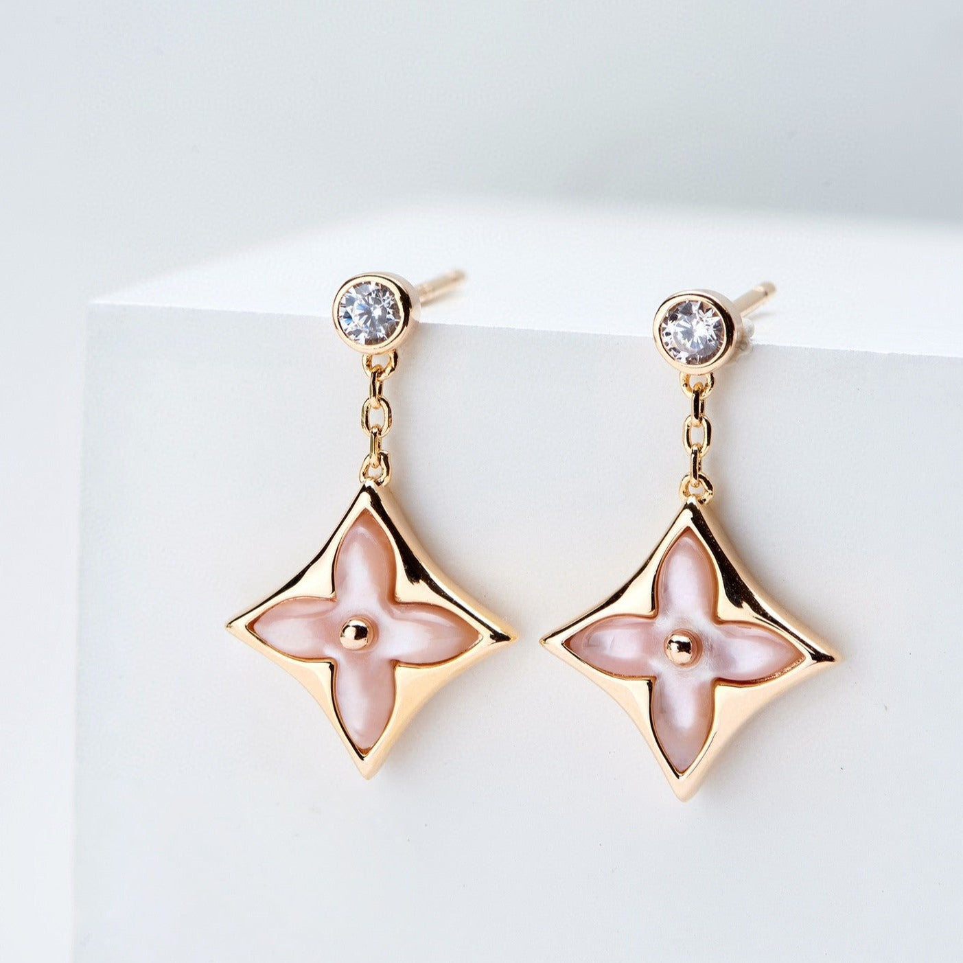 [Rose Jewelrys]DOUBLE STAR PINK GOLD MOP DROP EARRINGS