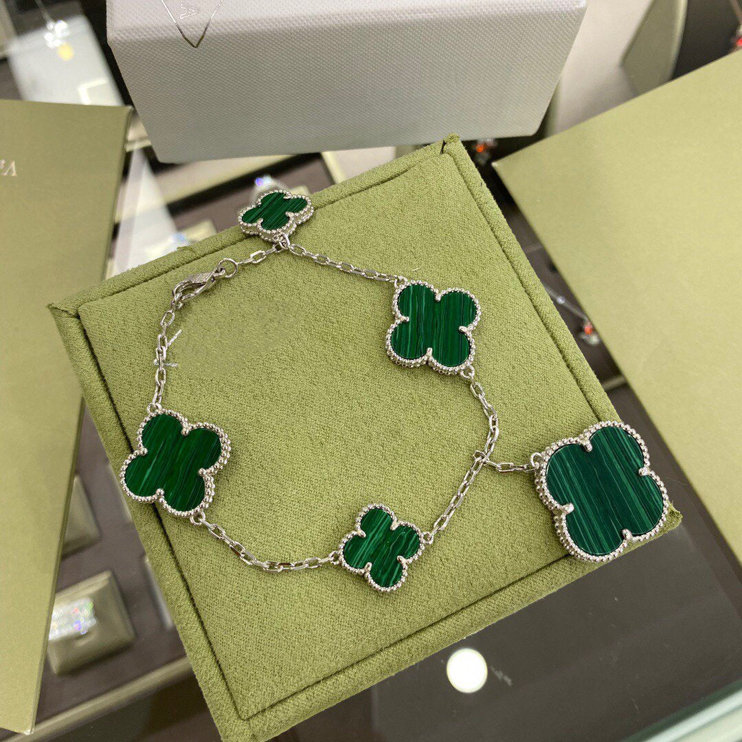 [Rose Jewelrys]CLOVER 5 MOTIFS SIVLER MALACHITE BRACELET