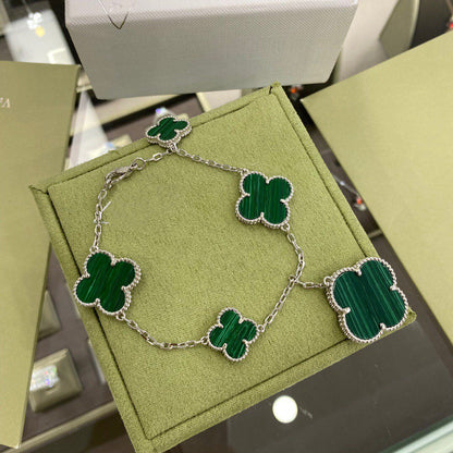 [Rose Jewelrys]CLOVER 5 MOTIFS SIVLER MALACHITE BRACELET