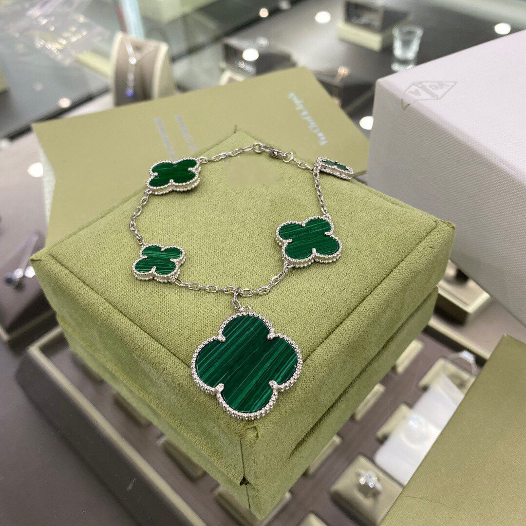 [Rose Jewelrys]CLOVER 5 MOTIFS SIVLER MALACHITE BRACELET