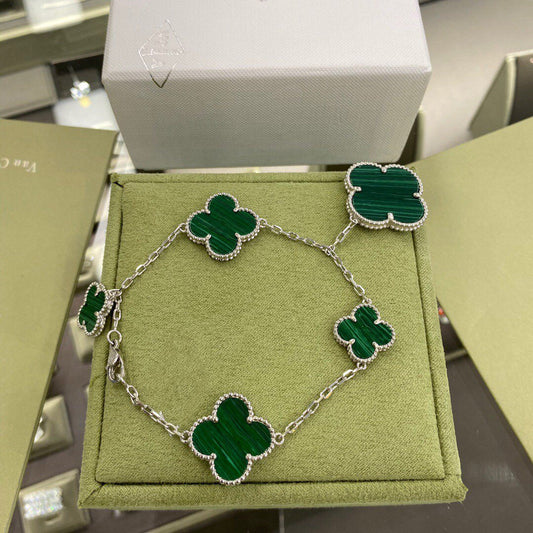 [Rose Jewelrys]CLOVER 5 MOTIFS SIVLER MALACHITE BRACELET
