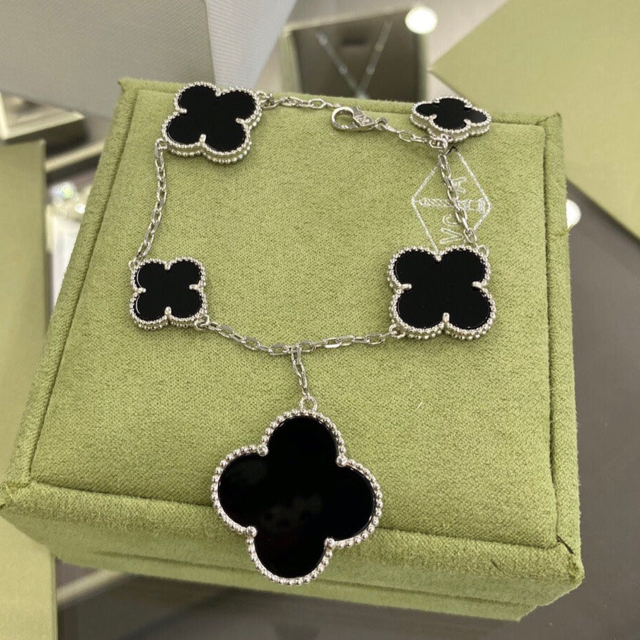 [🌹Rose💎]CLOVER 5 MOTIFS SIVLER ONYX BRACELET