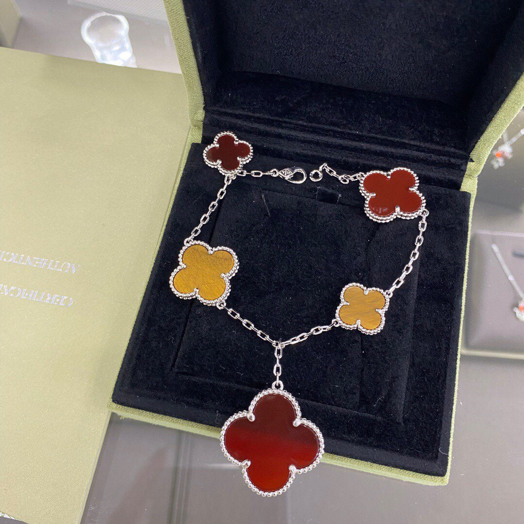 [Rose Jewelrys]CLOVER 5 MOTIFS SIVLER CARNELIAN TIGER EYE BRACELET