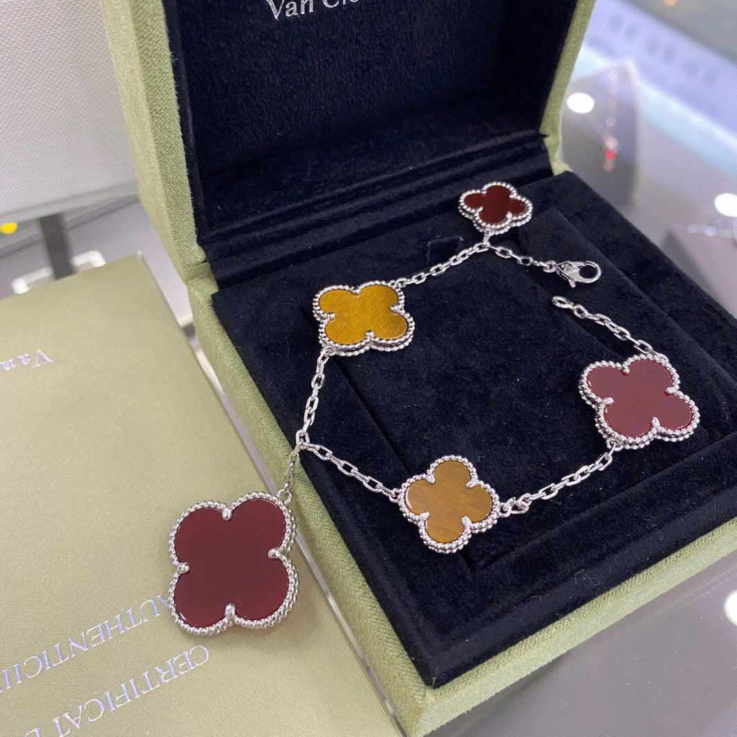 [🌹Rose💎]CLOVER 5 MOTIFS SIVLER CARNELIAN TIGER EYE BRACELET