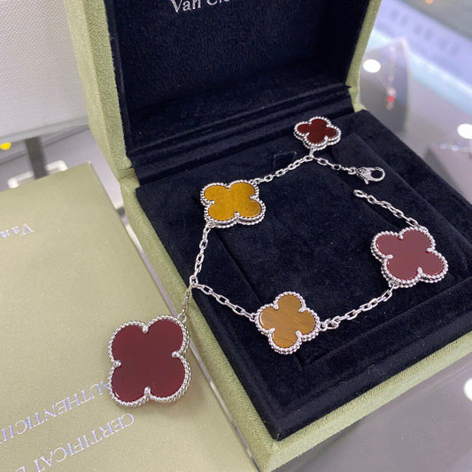 [Rose Jewelrys]CLOVER 5 MOTIFS SIVLER CARNELIAN TIGER EYE BRACELET